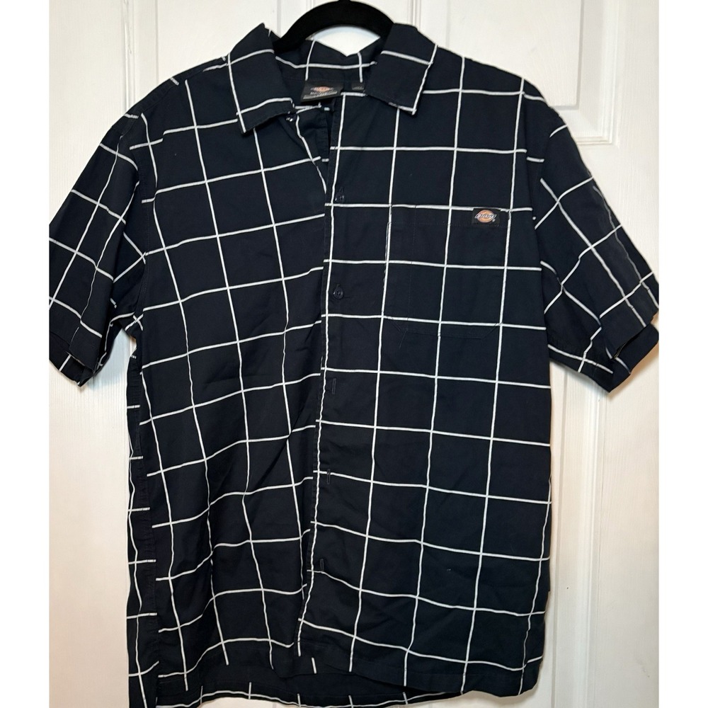 Dickies Mens Large Short Sleeve Plaid Button Down Shirt Navy Blue White Workwear
